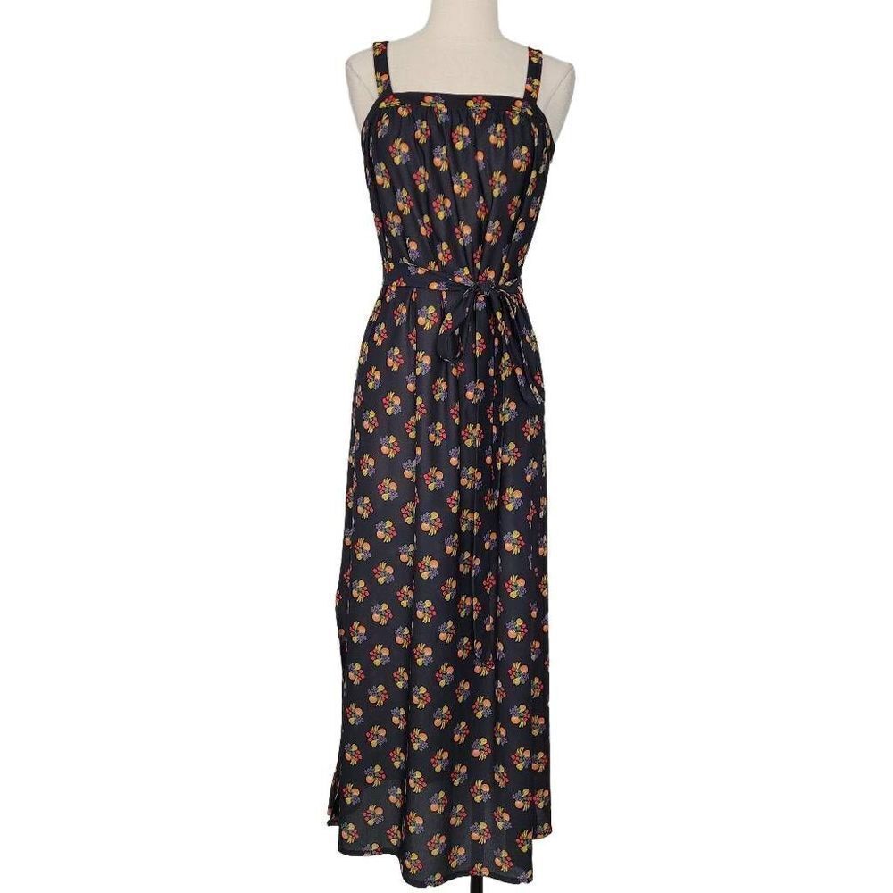 Vintage 1970s? Sheer Black‎ Micro Fruits Midi Maxi Dress Sz XXS A-line Waist Tie